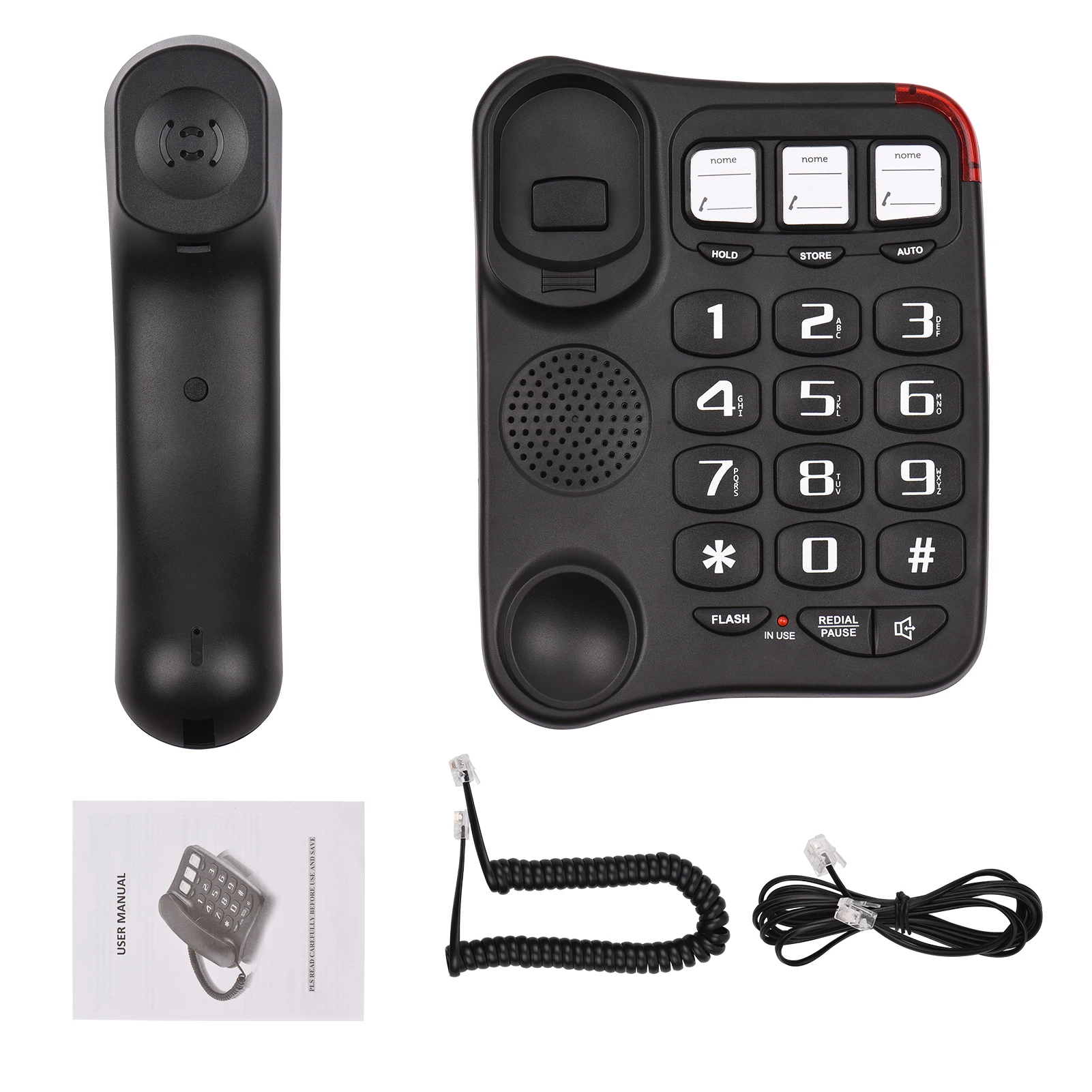 Telefone com fio preto com botão grande, telefone fixo de mesa, suporte de telefone montável na parede, mãos livres/discagem/flash/dial de velocidade/anel