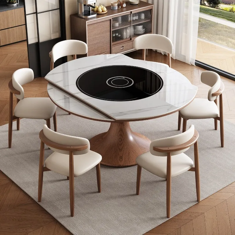 dining table induction cooker hot pot turntable household integrated dining table retractable solid wood variable round table