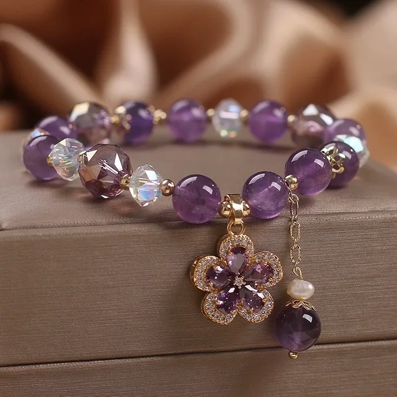 2024 New Purple Crystal Beaded Bracelets For Women Shiny Zircon Flower Water Drop Charm Fashion Party Hand Jewelry