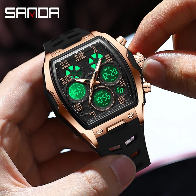 SANDA جديد 6266 رجل الموضة الساعات الإلكترونية الرياضية متعددة الوظائف إضاءة مقاومة للماء ضوء الليل الرقمية الكوارتز ساعة يد رجالي