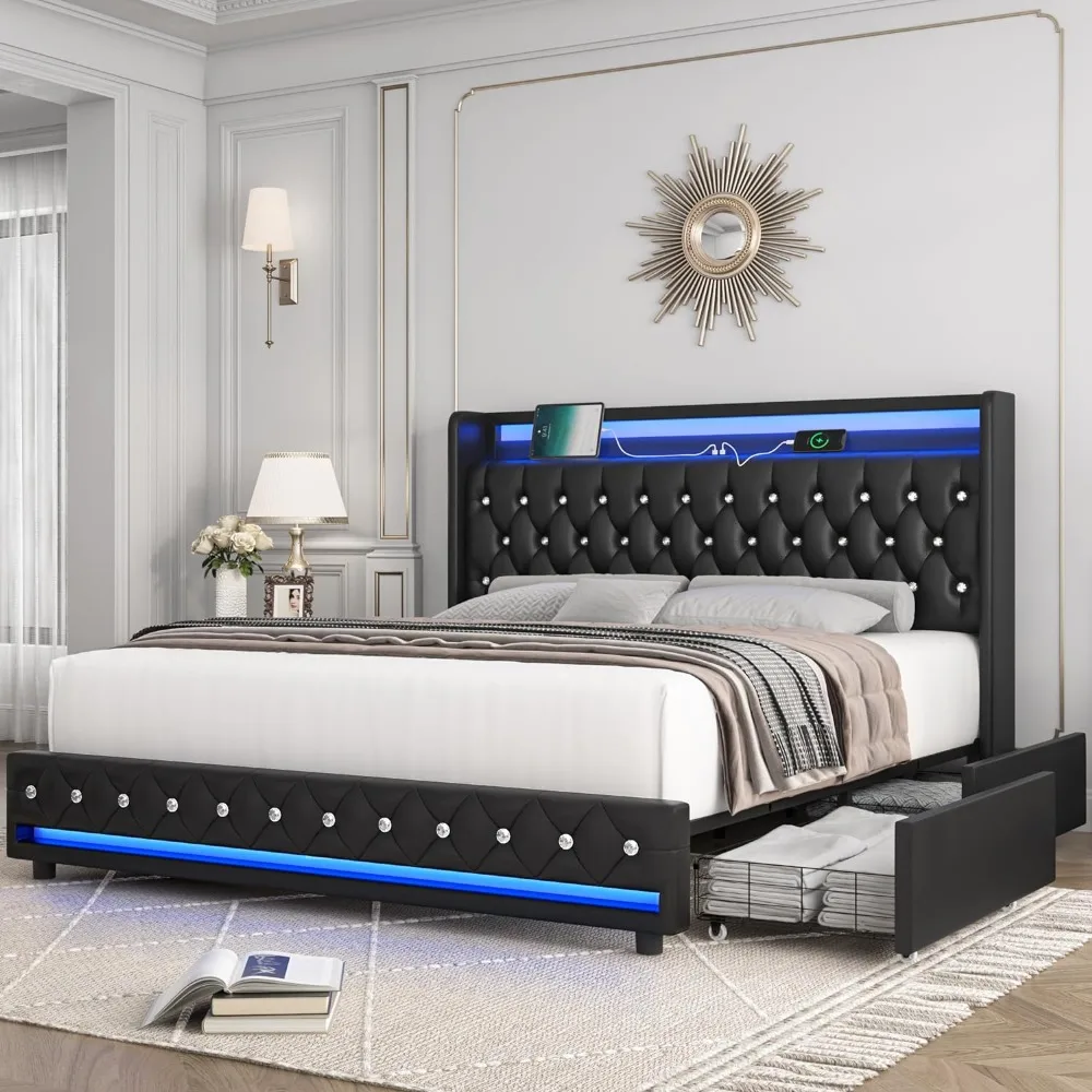 

Full Bed Frame with Charging Station and 4 Storage Drawers, Platform Bed with Button Wingback Headboard, LED Bed Frame