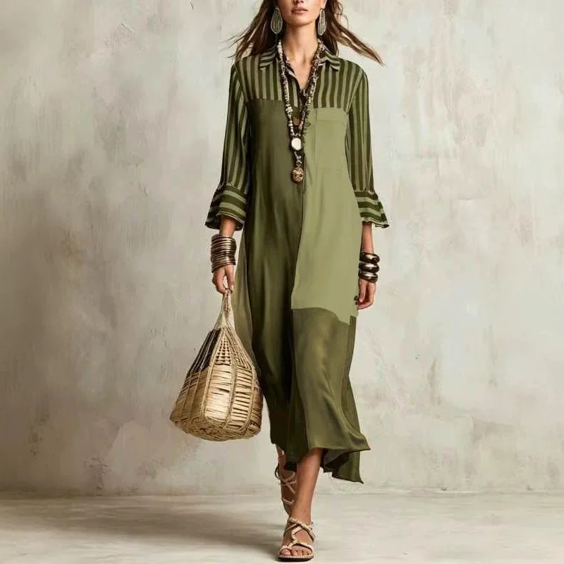 Women Summer Colorblock Striped Patchwork Maxi Shirt Dress Button Down Long Sleeve Pockets Vacation Loose Outfit
