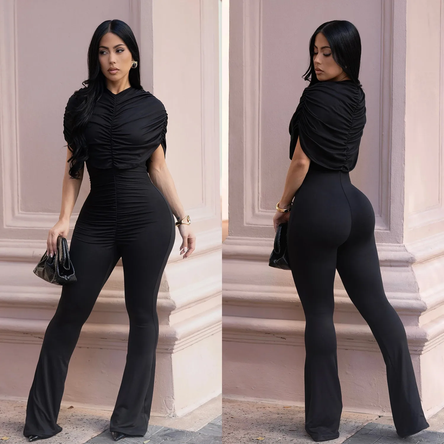 Nightclubs parties dances and banquets Elegant stylish figure-hugging solid-colour wide-leg jumpsuit