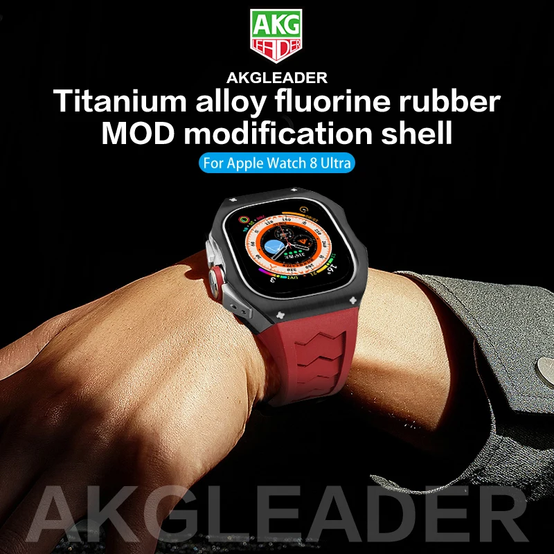 AKGLEADER casing Titanium mewah + gelang fluorin untuk jam tangan Apple Ultra 49mm, penutup tali Fluororubber Kit Mod untuk Iwatch Ultra