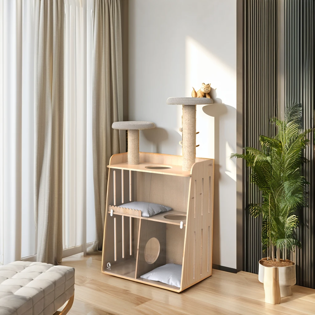 

*e Friendly Double Stairs Cat Play Cabinet with Glass Door Wood & PC Material Sisal Mat Pet Interactive Movement Toys for Cats&