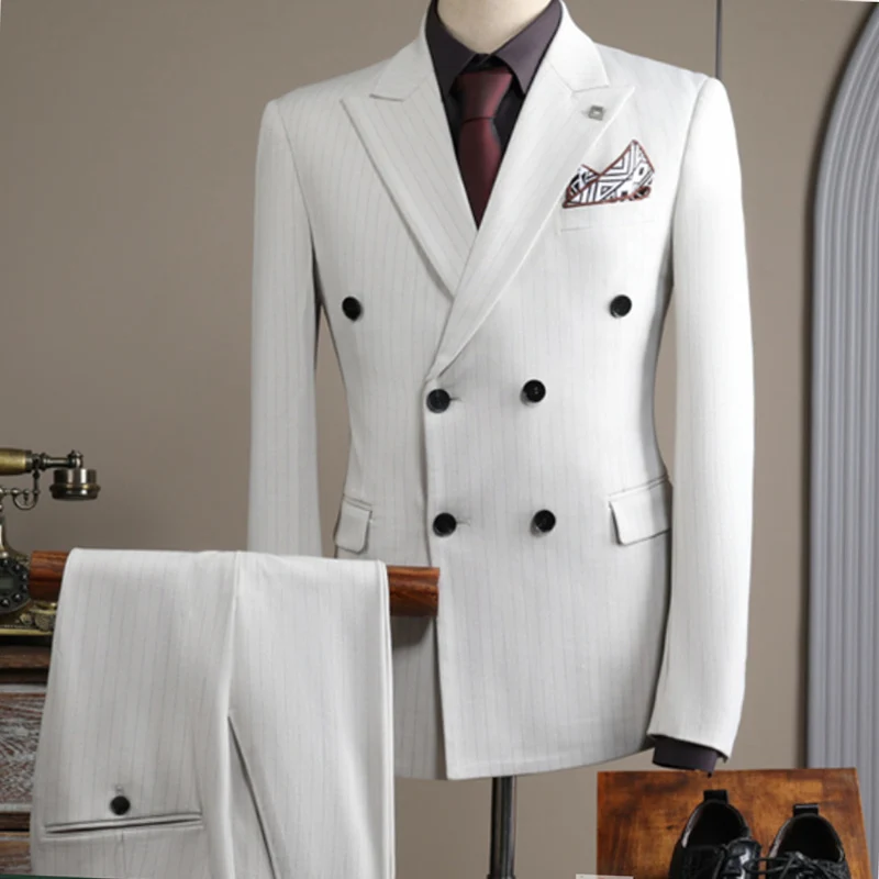 

High Quality Men's Boutique Suit Elegant Striped Slim Fit Formal Business Wedding Set Double Breasted 3 Pieces Blazer Vest Pants