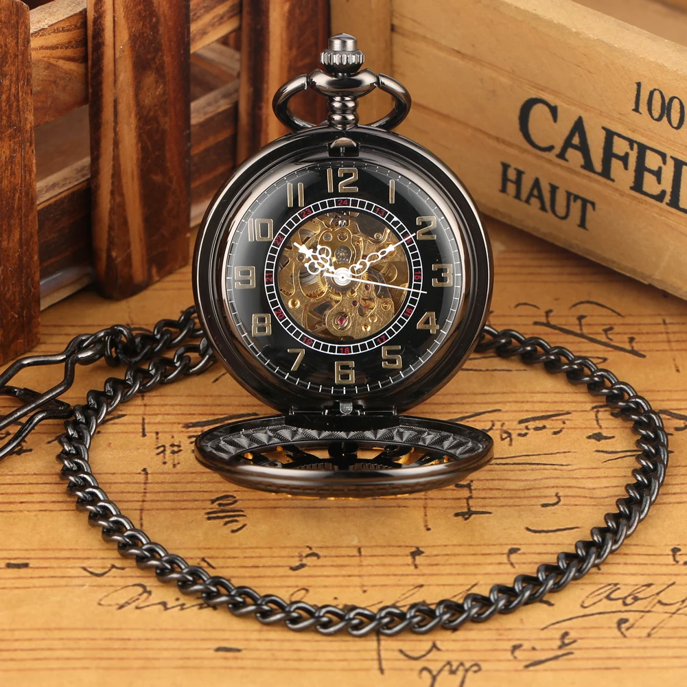 Retro Black Men's Self Winding Mechanical Pocket Watch Hollow Gold Arabic Numerals Design Antique Pendant Watch Pocket Chain