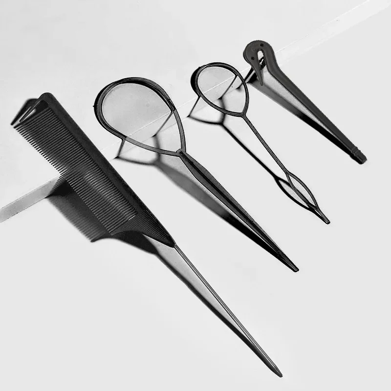 For Hair Styling 4pcs French Braid Tool Loop Elastic Hair Bands Remover Cutter Rat Tail Comb Metal Pin Tail Braiding Combs