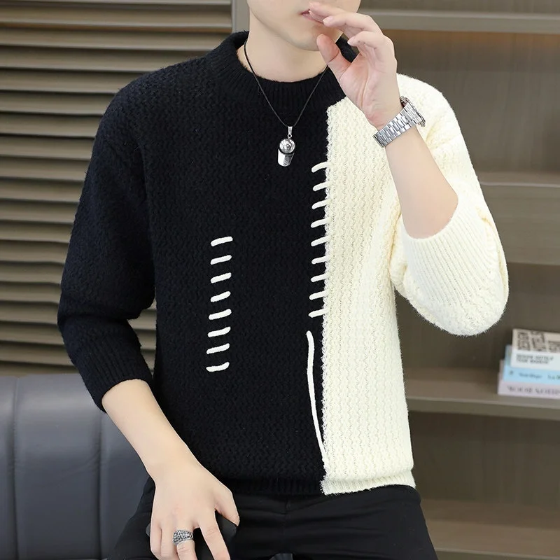 

Faionable Casual Men's Knitted Sweater round Ne Splice Color Blo Youthful All-Match Warm Long Sve Top for Autumn Winter