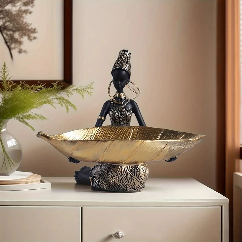 African Girl Holding A Plate Sculpture Home Office Decor Storage Ornaments Vintage Collectible Resin