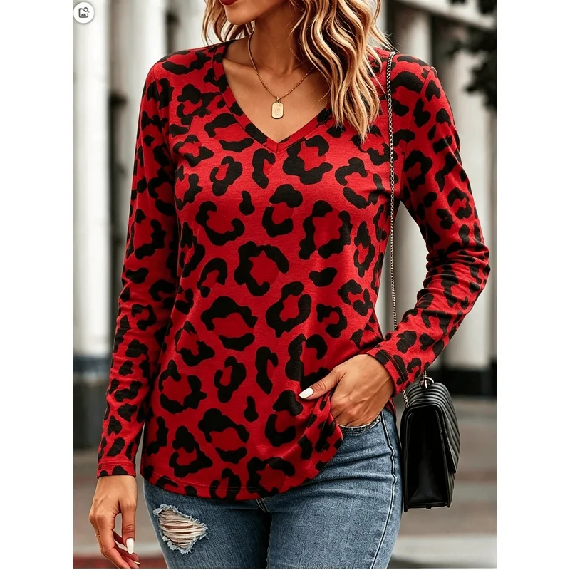 Fashionable Elegant Women's Long Sleeve T Shirt V Neck 2D Printed Abstract Leopard Checkered Patchwork Full Print Autumn Winter