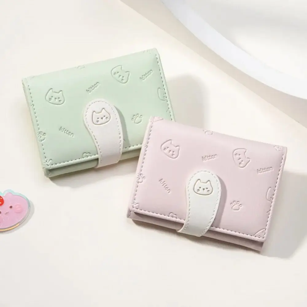 Neue PU Mode Kätzchen Gedruckt Brieftasche PU Mädchen ID Tasche Kurze Nette Kleine Geldbörse Schnalle Karte Halter Frauen Geld Taschen