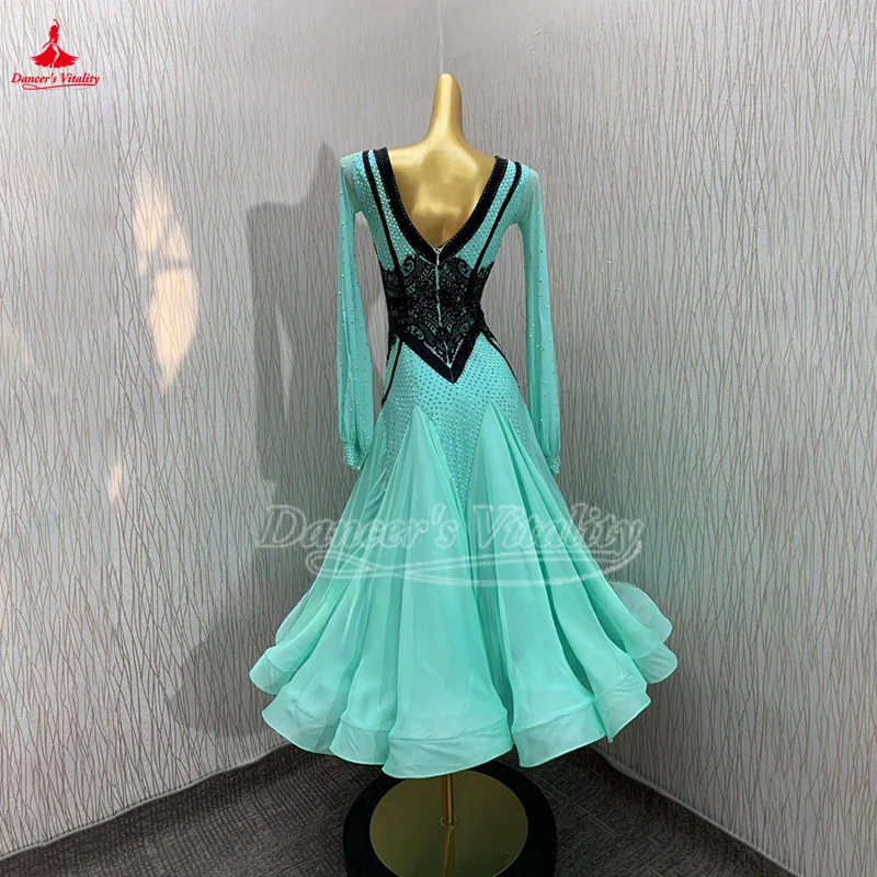 カスタマイズ女性ワルツフォックストロットタンゴプロフェッショナル服社交ダンスパフォーマンスや競技会長袖ビッグスイングドレス