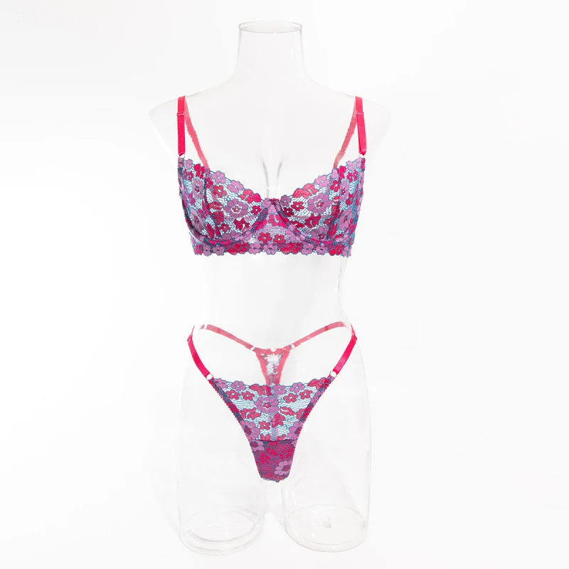 Sexy bikini with multi-colored small floral lace and floral print, thin hollow-out bra and underwear set