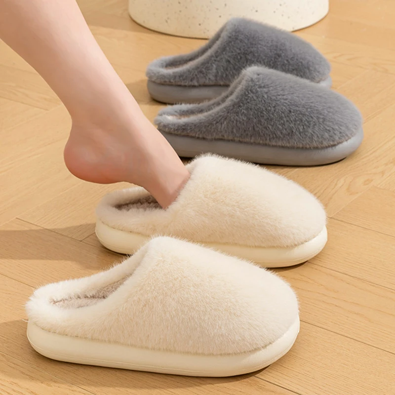2026 Winter Fluffy Plush Slippers Women Comfortable Warm Soft Sole Home Slides Woman Anti Slip Platform Fur Slippers Couples view 6