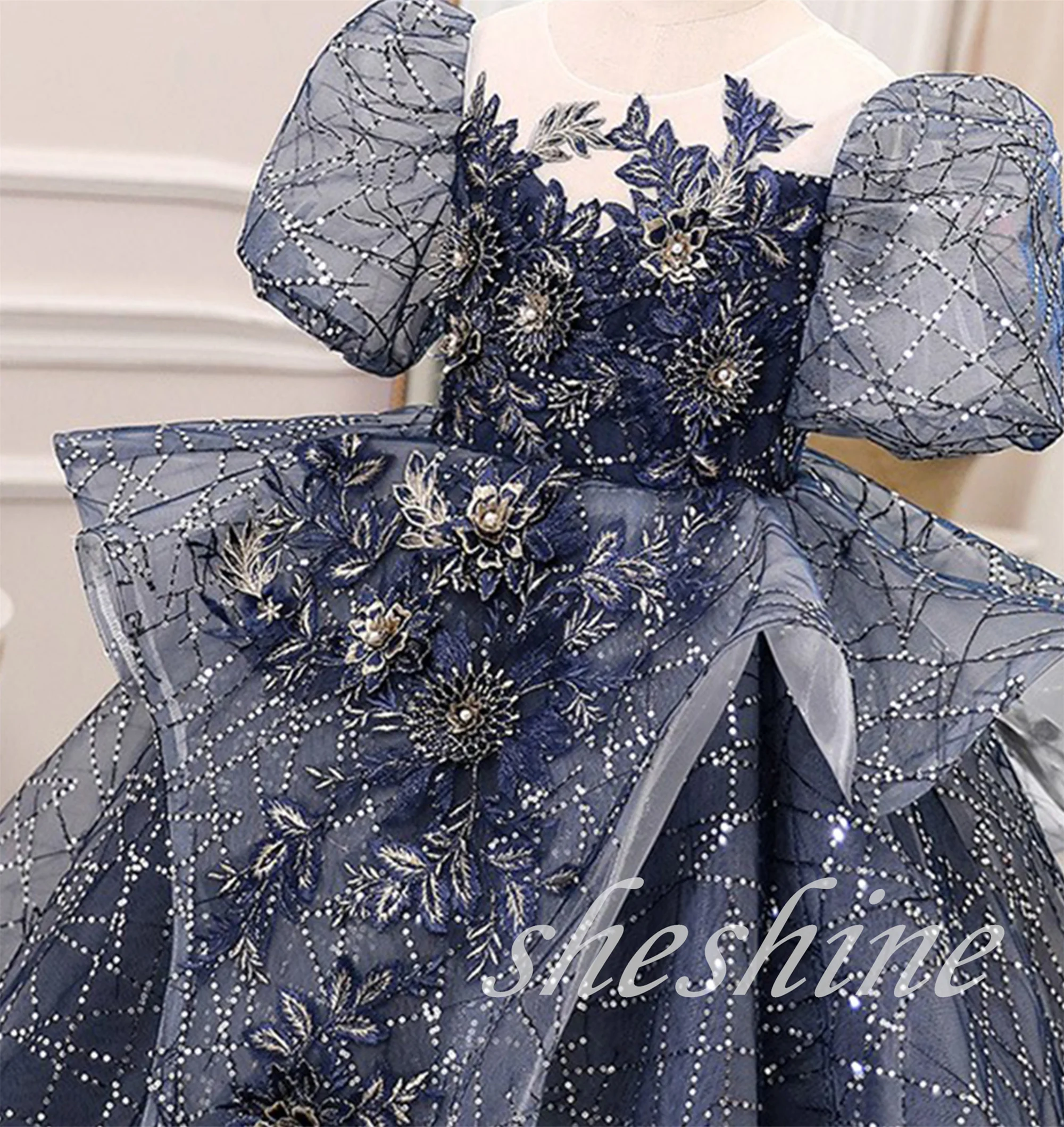 navy blue ruffle princess ball gown special sparkling kid birthday party celebration pageant dress unique kid prom dress