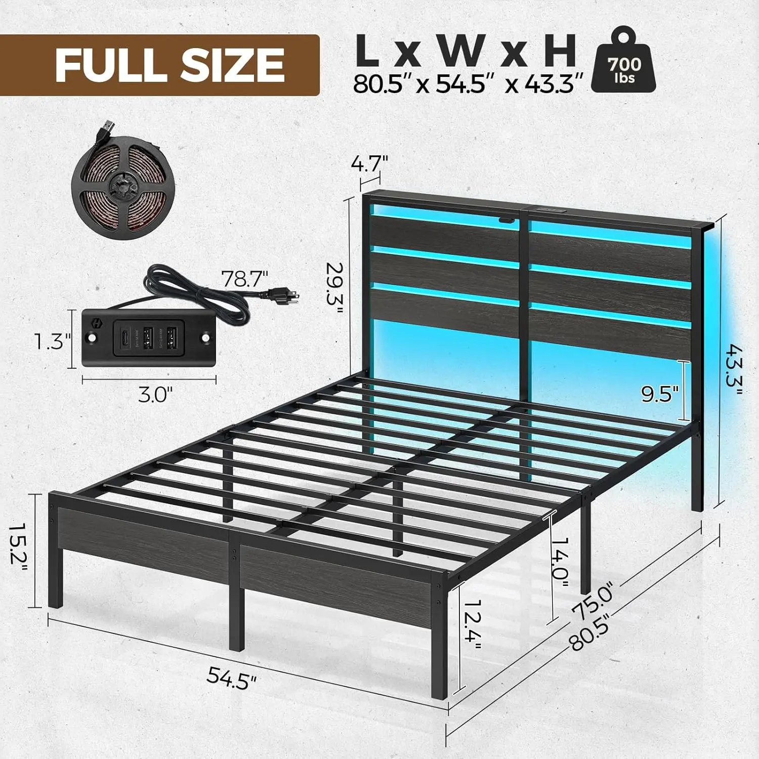 Size with USB Charging Station, LED Bed Frame with Wood Storage Headboard, Black Metal Platform Bed with Under Bed Storage, No B