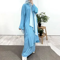 Arab Muslim Women Modest Dress 2024 New Mid Length Long Sleeve Wrinkled Pleated Robe Tops and Skirt Set Islam Abaya Robe