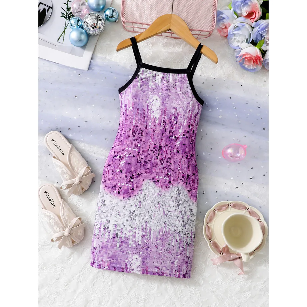 3-12 Years Kids Girl Summer Ball Gown Dress Suspenders Sequined Print Wrap Buttocks Dress Fashion Child Girl Festival Party Wear