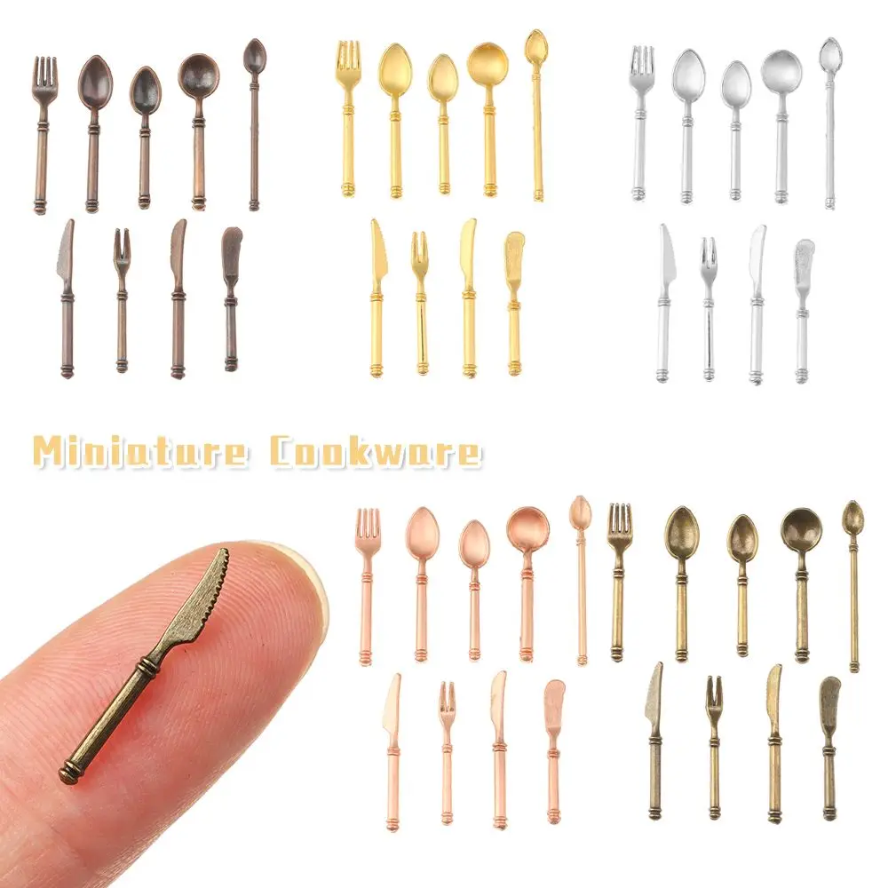 9PCS Metal Dollhouse Furniture Kitchen Tableware Fork Knife Spoon Doll Accessories Simulation Mini Cutlery Miniature Cookware