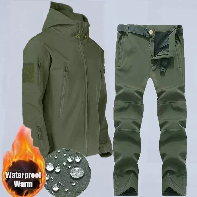 

2024 Winter Soft Shell Jacket Suit Tactical 2 Piece Set Men Outdoor Warm Waterproof Jacket And Pant Hiking Hunting Tracksuit