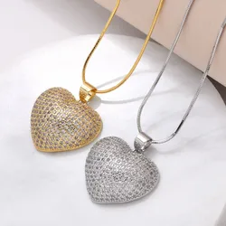 FLOLA Crystal Paved Big Heart Pendant Necklaces For Women Elegant Jewelry 18K Gold Plated Gifts For Girlfriend nkev85