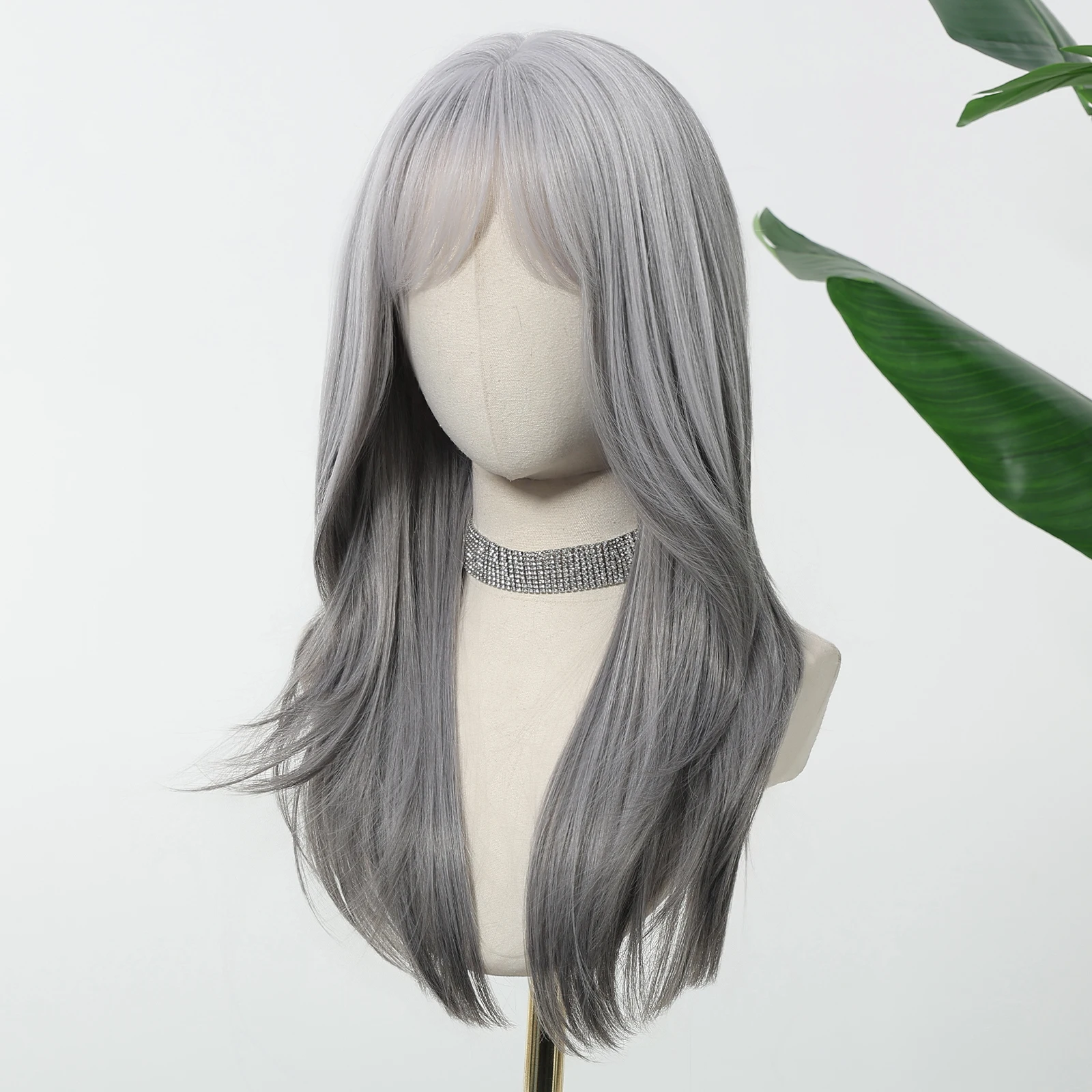 Wig Ombre Abu-abu Abu Allbell Magique Wig Berlapis Panjang 20 Inci dengan Poni Tumpul Wig Sintetis untuk Wanita Pesta Harian Tahan Panas