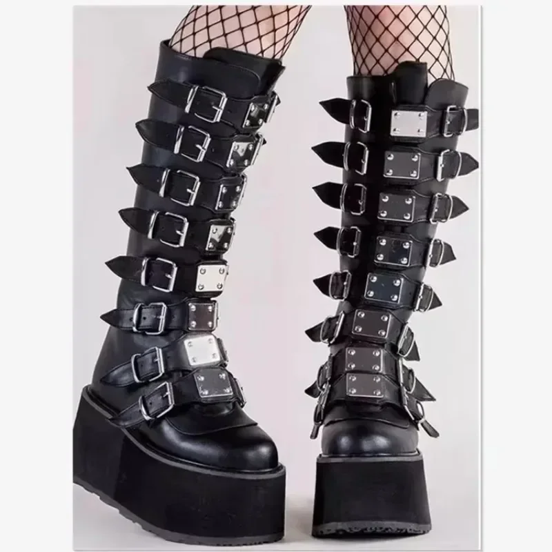 

Women's Thick Sole Wedge High Boots Large Size Super High Heel Fashion Boots Women Punk Gothic Black Buckle Buckle Botas Mujer