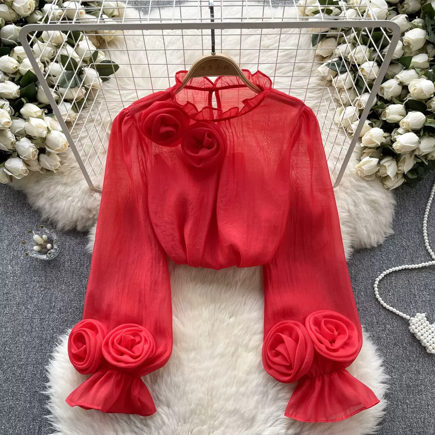 3D Flower Chiffon Blouse Ruffles Collar Long Sleeves Sheer With Lining Ladies France Vintage Senior Elegant OL Tops