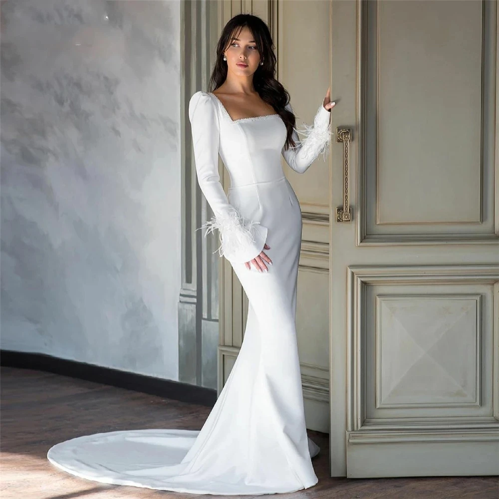 

Elegant Simple Wedding Dresses Square Collar Bridal Gowns Long Sleeves Mermaid Sexy Robes Backless For Brides Vestidos De Novia