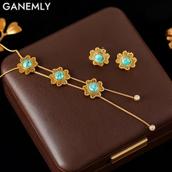 GANEMLY 316L Stainless Steel Creative Flower Necklace Earrings Set For Women Girl Fashion Long Pendant Jewelry Set Lady Gift