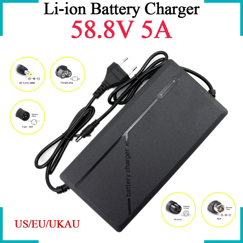 

Зарядное устройство для литиевых аккумуляторов 58,8 в, 5 А, 100-240 В с вентилятором для электрических двухколесных электромобилей 14S, 52 в, литий-ионные аккумуляторы для мотоциклов, быстрая и безопасная зарядка