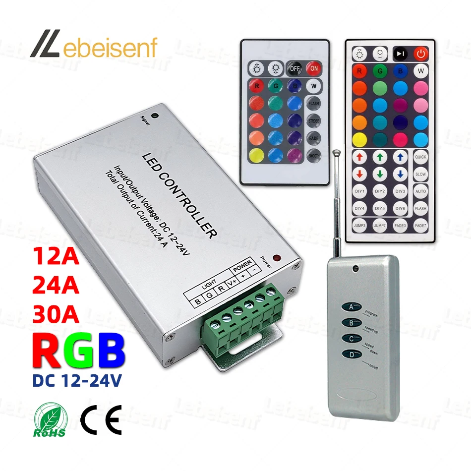 Controlador RGB para atenuación de tira de luces LED, atenuador remoto inalámbrico, caja de aluminio, IR o RF, 12V, 24V, 12a, 24a, 30A, 5050 colores