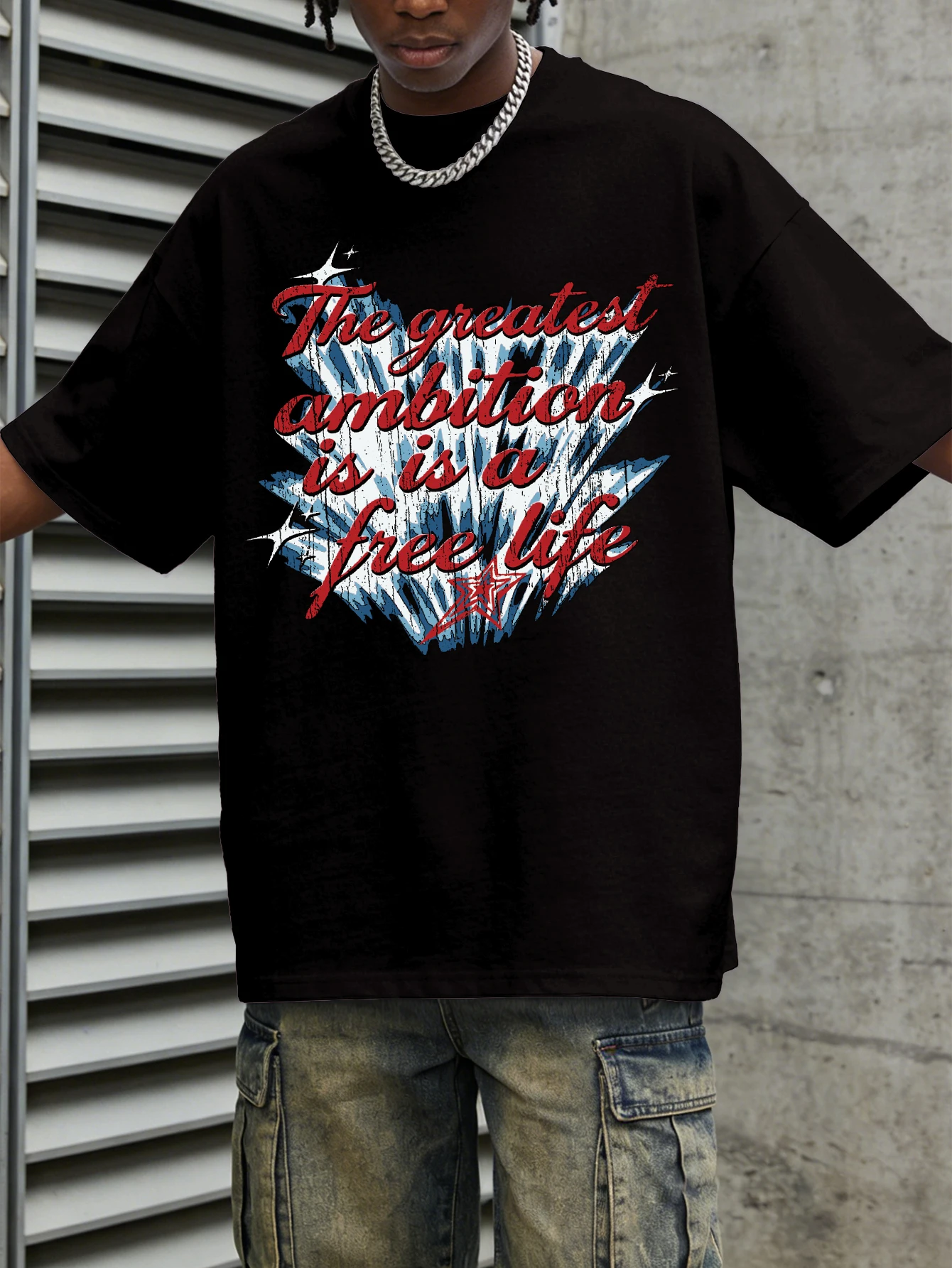 Streetwear Brand Slogans - เสื้อยืดสตรีทแวร์โอเวอร์ไซส์สำหรับผู้ชาย แบรนด์ The Greatest Ambition พิมพ์ลายสโลแกน
