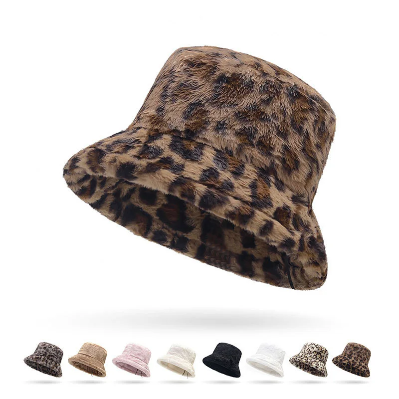 Fall and Winter Thickened Warm Womens Plush Bucket Hat Leopard Hat Fisherman Hat  Ins Plush Bucket Hat