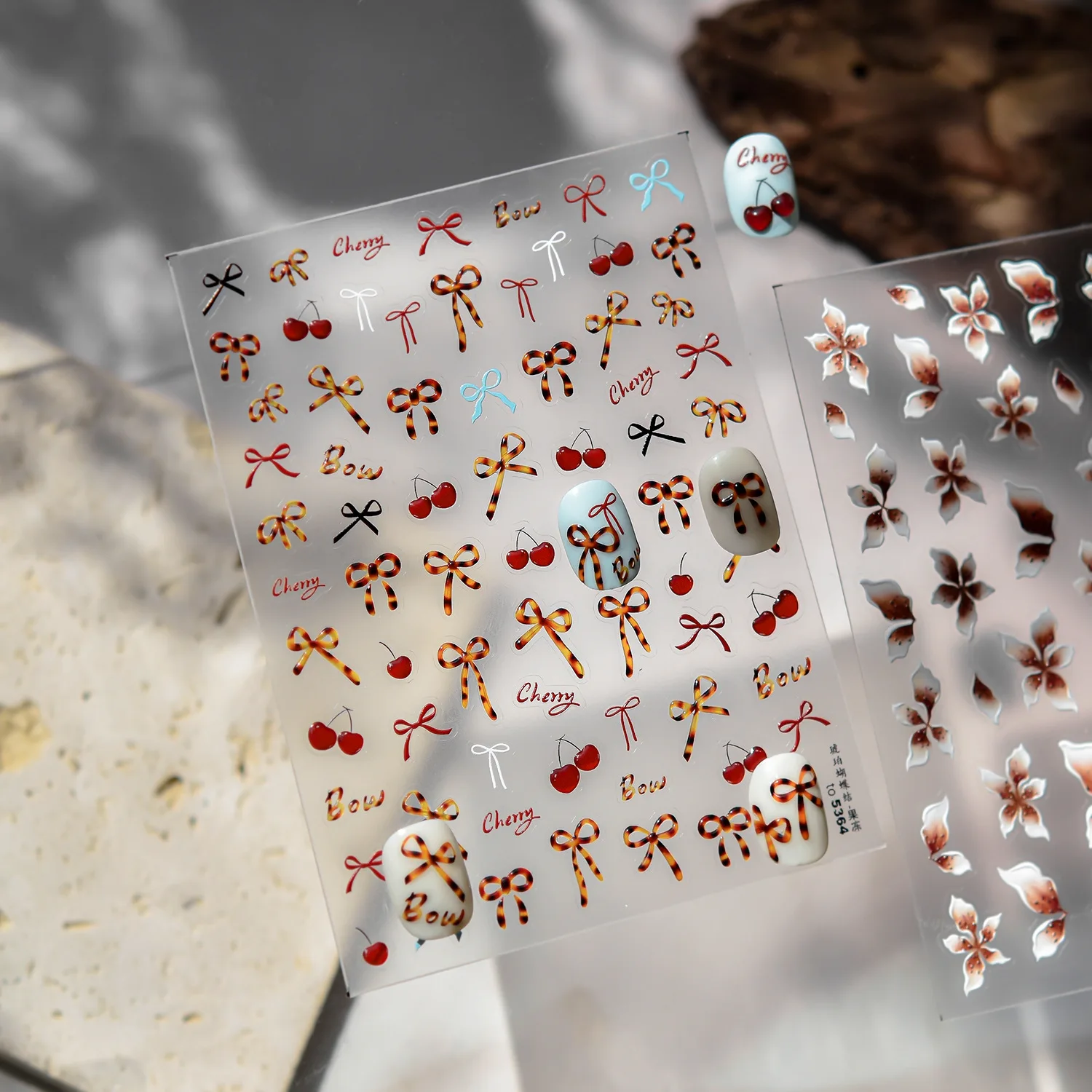 Autocollants pour ongles en gelée 5D, exquis, nœud ambre rouge, cerise, décorations adhésives pour Nail Art, décalcomanies de manucure, accessoires de bricolage