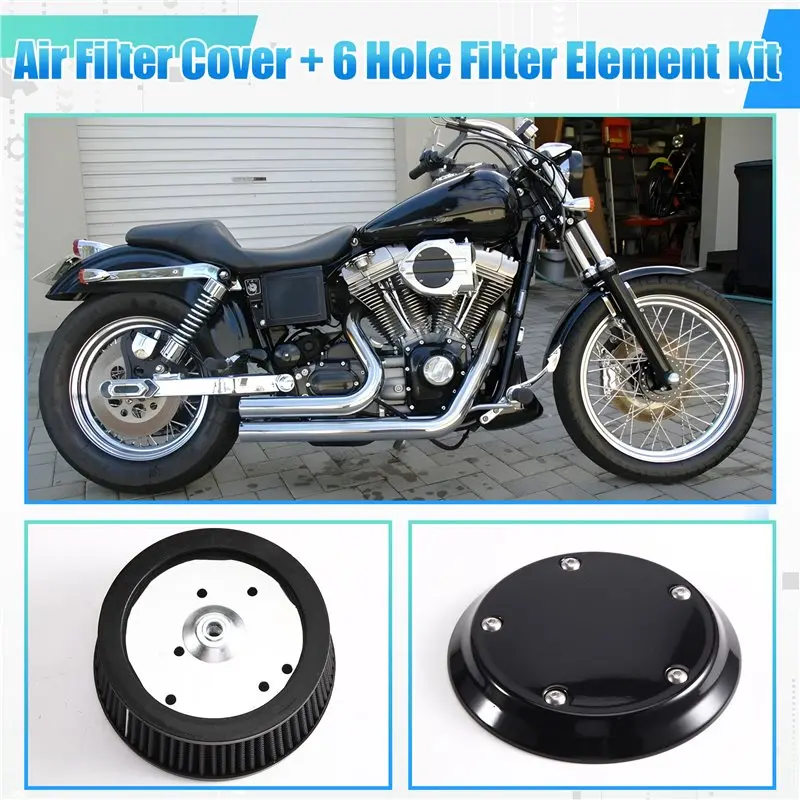 New-Motorcycle Black Air Cleaner Cove & 6 Hole Filter Element For Harley Dyna Softail Touring 1999-2016 Trike 08-16