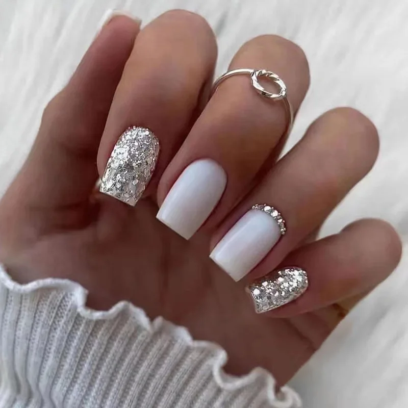 24 pçs/set simples branco dicas de unhas falsas com pó brilhante design curto quadrado cabeça imprensa em unhas falsas wearable acabado manicure