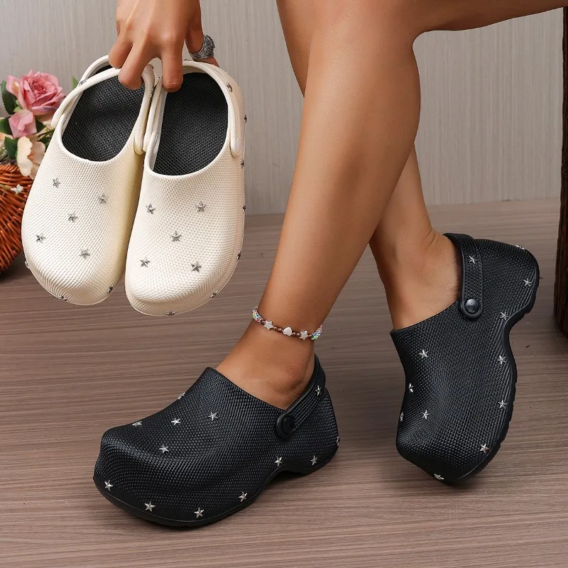 Summer Women Platform Clogs Star Rivet Decor Closed Toe Non Slip Comfortable Casual Garden Shoes for Indoor Outdoor Daily Wear