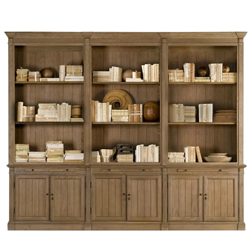 

French American full wall solid wood combination bookcase multi-layer baffle display cabinet white oak