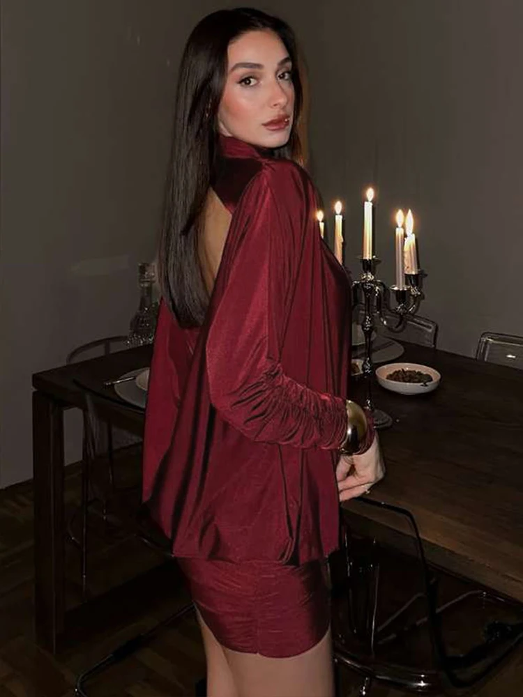 Weird Puss Sexy Satin Rückenfreies Kleid Frauen Halb Hohen Kragen Geraffte Weihnachten Geburtstag Pfirsich Hüfte Hottie Stretch Schlank Mini Bodycon