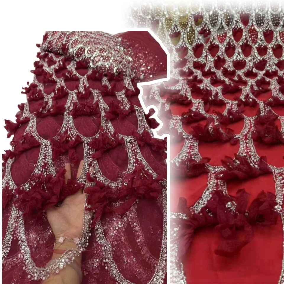 

3D Luxury French Wedding Dress Latest African Lace Fabric Handmade Beaded Sequined Fabric Nigerian Evening Dress Fabric SZ1179