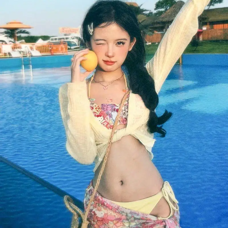 Sanrio Hot Bikini Set Hello Kitty Bikini Floral Bikini Sexy Three-Piece Suit Vacation Style Swimsuit Dopamine Bikini Wrap Skirt