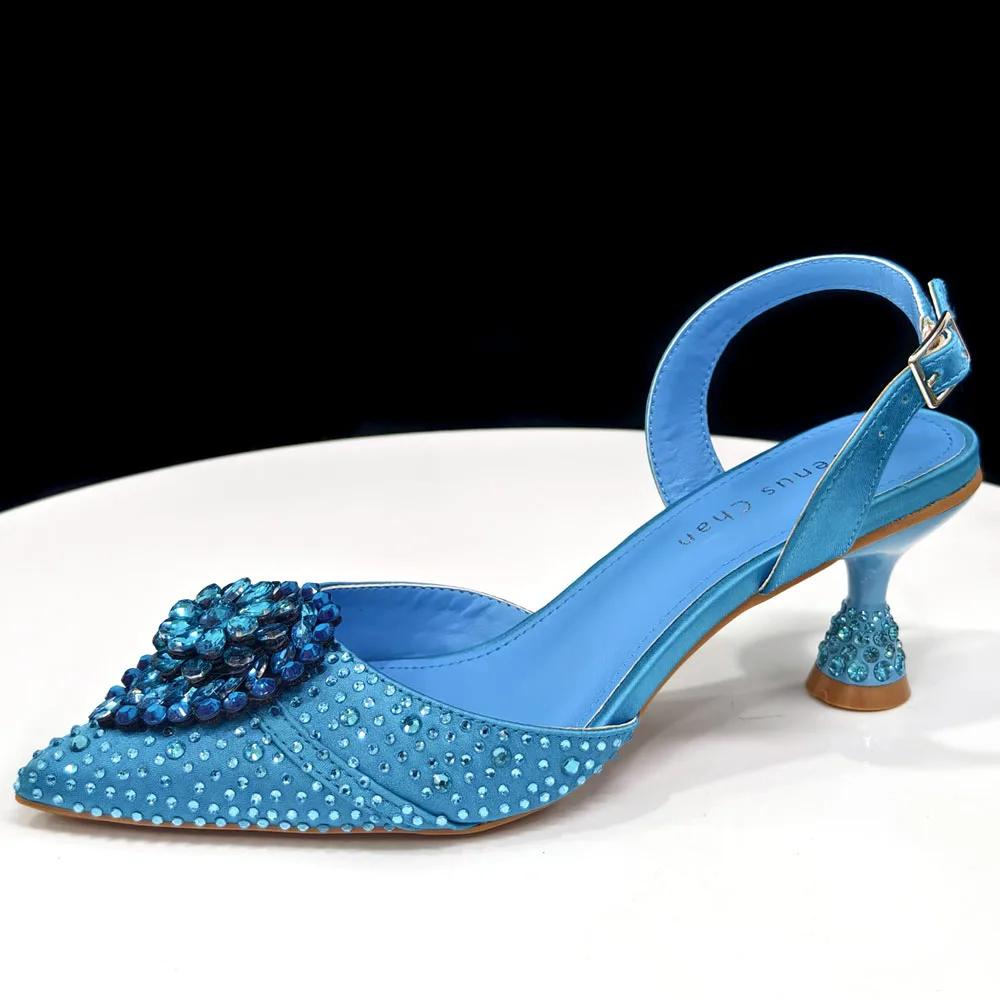 Venus Chan Blaue Strassbesetzte Bequeme High-Heel-Schuhe und Tasche im Modestil mit spitzer Zehenpartie für Damen oder als Pendler-Schuhe – Detail 26
