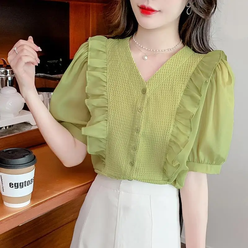 Temperament Korean Summer Solid V-neck Women's Ruffles Puff Sleeve Single Breasted Fashion Short Sleeve Loose Chiffon Shirt Tops