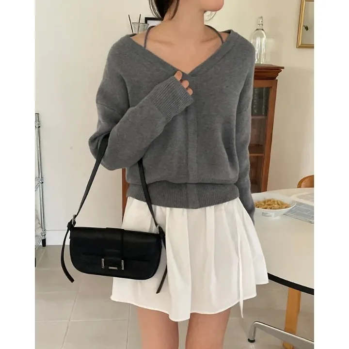 

Простой и стильный женский трикотажный джемпер с V-образным вырезом и одним открытым плечом, двусторонний, в корейском стиле, для весны, осени и зимы, повседневный, модный