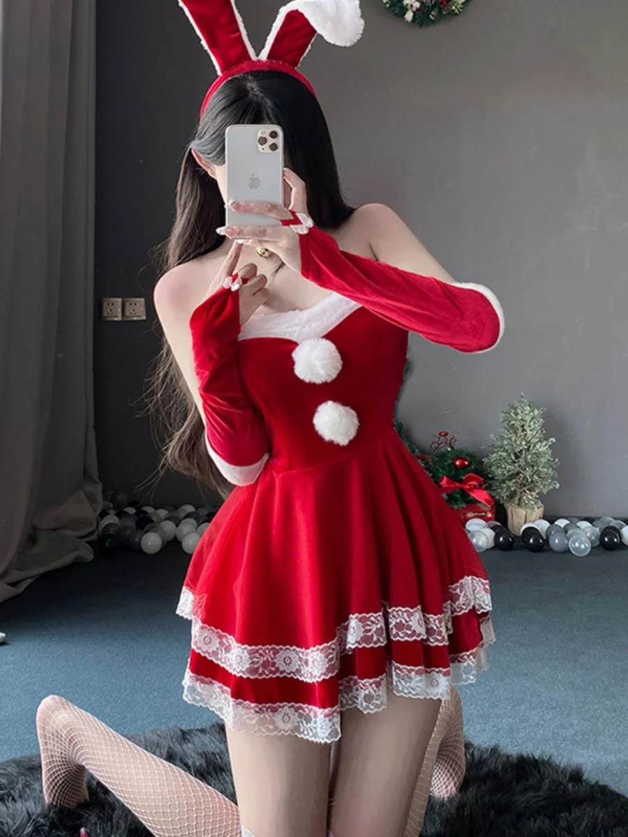 فستان تنكري نسائي من القطيفة على شكل أرنب لعيد الميلاد والهالوين، زي مسرحي، ملابس نسائية عرقية، تونيك شتوي 2024 من البوليستر