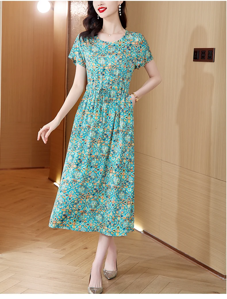 Koreanisches elegantes bedrucktes Seiden kleid Damen Sommer Retro Kurzarm knielanges Kleid neues locker geschnittenes fragmentiertes Blumen kleid