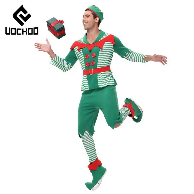 Christmas Santa Claus Green Elf Costume Suits Adult Xmas Party Outfits Women Sleeveless Dress Men Dress Up Couple Set