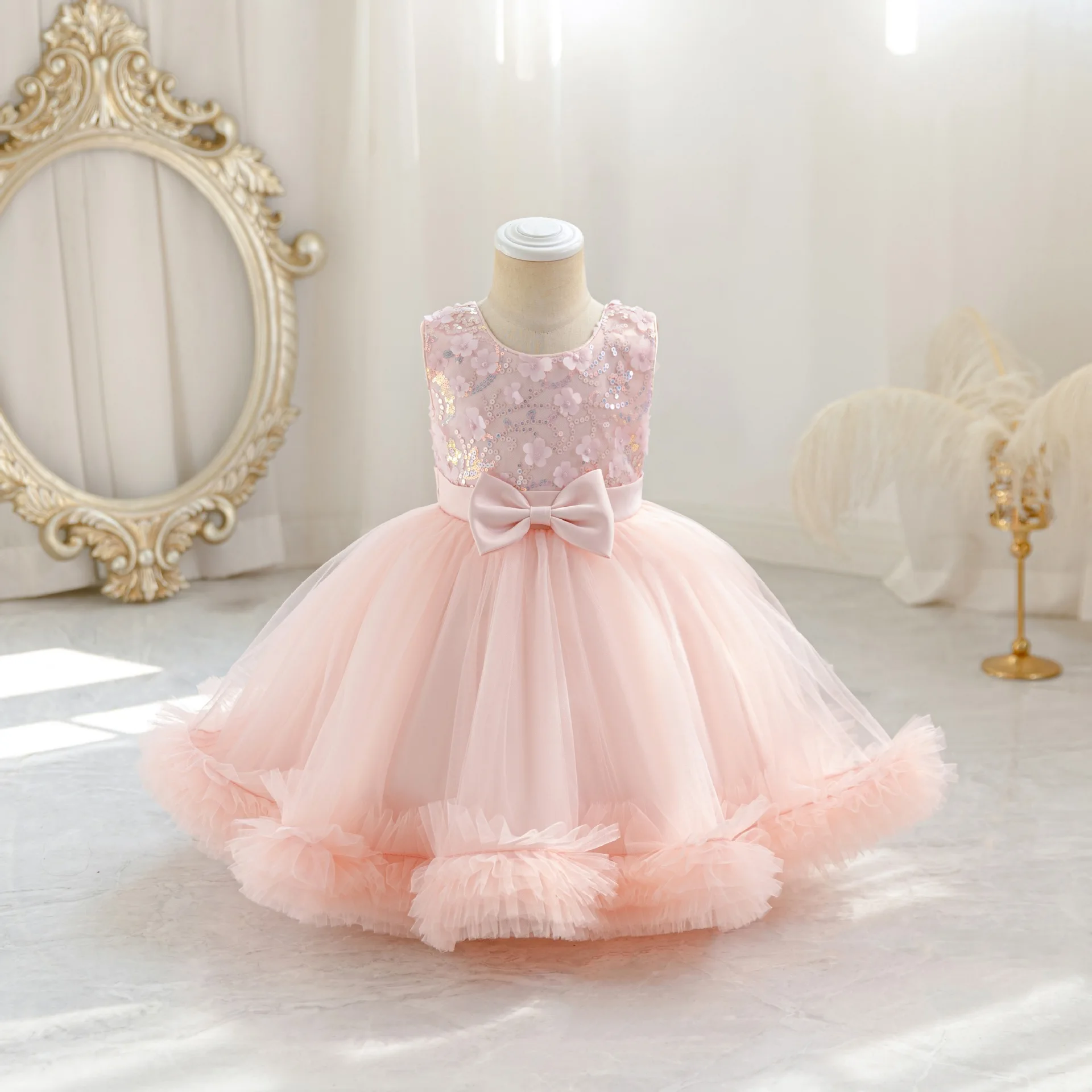 HETISO Tulle Puffy Flower Girls Dresses Sky Blue Lace Sequins Kids Birthday Princess Ball Gowns For First Communion Party